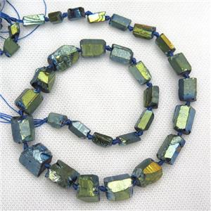 Crystal Quartz beads, freeform, green electroplated, approx 8-16mm