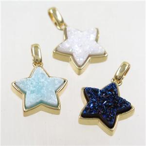 druzy quartz star pendant, mix color, gold plated, approx 15mm dia