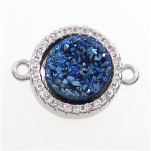 blue Druzy Quartz connector paved zircon, circle, platinum plated, approx 11mm dia
