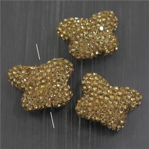 resin butterfly beads paved rhinestone, yellow, approx 15-18mm