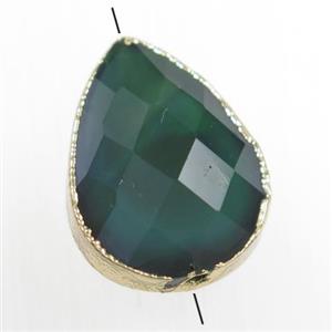 dark green glass crystal bead, teardrop, gold plated, approx 13-18mm