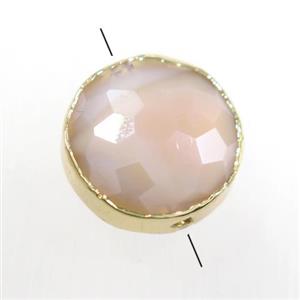 peach glass crystal bead, circle, gold plated, approx 14mm dia