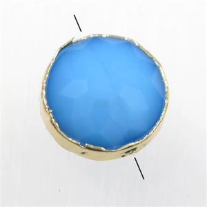 blue glass crystal bead, circle, gold plated, approx 14mm dia