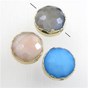 mixed glass crystal bead, circle, gold plated, approx 14mm dia