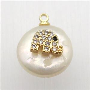 Natural pearl pendant with zircon, elephant, approx 10-16mm