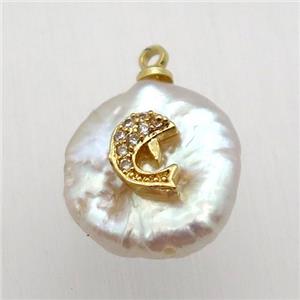 Natural pearl pendant with zircon, dolphin, approx 10-16mm