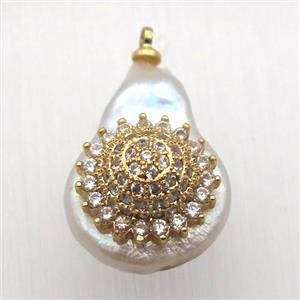 Natural pearl pendant with zircon, approx 10-16mm