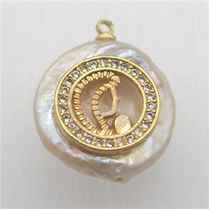 Natural pearl pendant with zircon, approx 18mm dia
