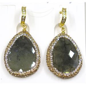 labradorite earring paved rhinestone, teardrop, approx 22-33mm