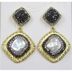 white freshwater Pearl earring pave rhinestone, alloy, gold plated, approx 25x25mm, 13x13mm