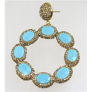 blue dye turquoise earring paved rhinestone, approx 45mm dia