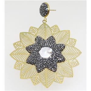 white pearl earring paved yellow rhinestone, copper, approx 60mm ida