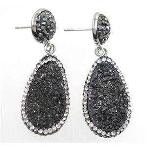 black Druzy quartz earring paved rhinestone, teardrop, approx 15-27mm