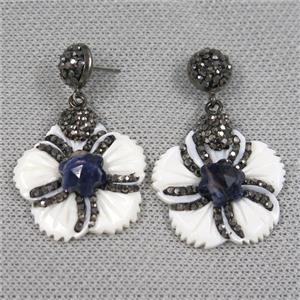 white shell earring pave rhinestone, flower, approx 20mm dia