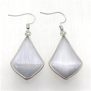 gray cat eye glass teardrop Hook Earring, platinum plated, approx 20-32mm