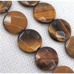 tiger eye stone bead, faceted flat round, approx 15mm dia