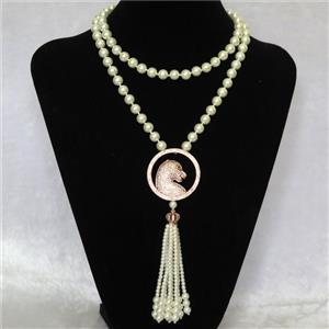 white Pearlized Glass Necklace with copper leopardhead pendant pave zircon, round, approx 8mm, 40mm, 74cm length