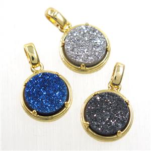 mix Druzy Agate pendant, flat-round, gold plated, approx 12mm dia