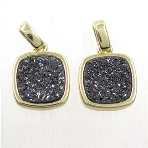 black Druzy Agate pendant, square, gold plated, approx 11x11mm