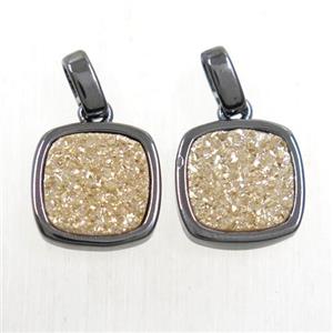 golden champagen Druzy Agate pendant, square, black plated, approx 11x11mm