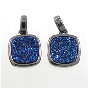 blue Druzy Agate pendant, square, black plated, approx 11x11mm