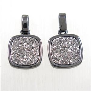 silver Druzy Agate pendant, square, black plated, approx 11x11mm