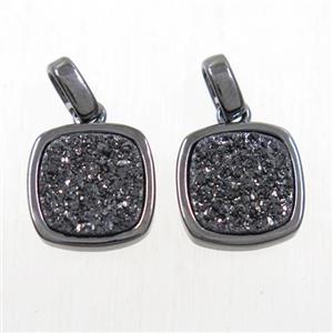 black Druzy Agate pendant, square, black plated, approx 11x11mm