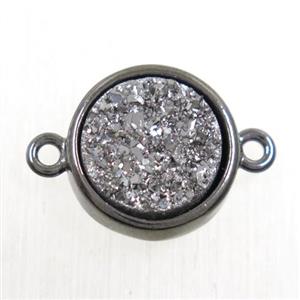 silver Druzy Agate connector, flat-round, black plated, approx 12mm dia