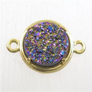 rainbow Druzy Agate connector, flat-round, gold plated, approx 12mm dia