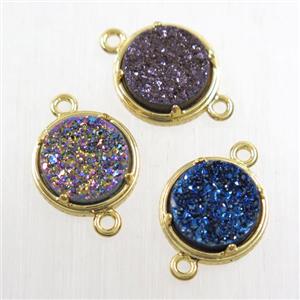 mix color Druzy Agate connector, flat-round, gold plated, approx 12mm dia