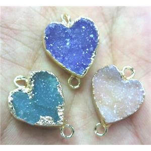 druzy agate connector, mix color, heart, gold plated, approx 10-16mm
