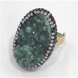 green druzy quartz ring paved rhinestone, copper, gold plated, approx 20-25mm, 20mm dia