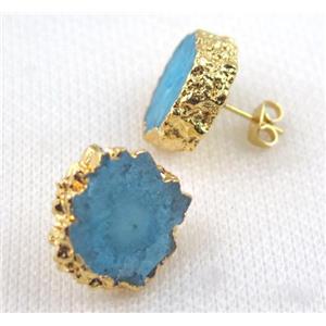 aqua Solar Quartz druzy earring studs, copper, gold plated, approx 15-20mm