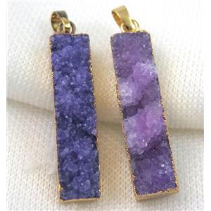 purple druzy quartz pendant, rectangle, gold plated, approx 10-40mm