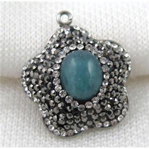 Amazonite pendant paved rhinestone, plum blossom, approx 25mm dia