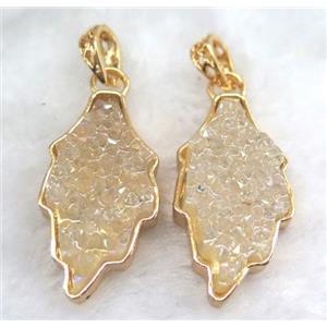 druzy resin pendant, leaf, gold plated, approx 20-35mm
