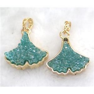 druzy resin pendant, leaf, gold plated, approx 25-30mm