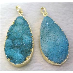 blue druzy quartz pendant, teardrop, gold plated, approx 25-50mm