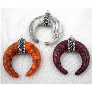 resin horn pendant paved rhinestone, mix color, approx 38-40mm