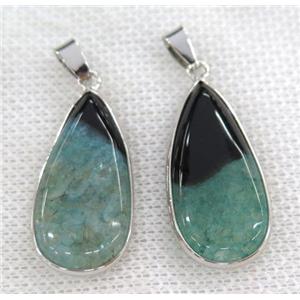 green druzy agate pendant, teardrop, silver plated, approx 15-30mm
