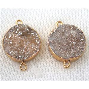 champagne druzy quartz connector, flat round, gold plated, approx 16mm dia