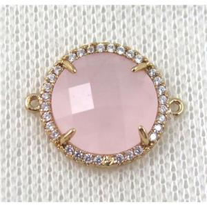 pink crystal glass flat-round connector paved zircon, gold plated, approx 18mm dia
