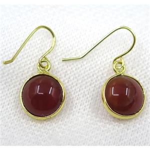 red Agate earring, flat round, gold plated, approx 13mm dia