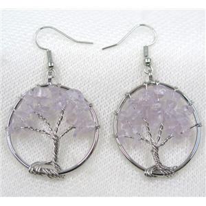 rose quartz earring, tree of life, platinum, approx 30mm dia