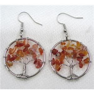 red carnelian agate earring, tree of life, platinum, approx 30mm dia