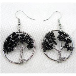 tree of life earring with black agate chip bead, platinum, approx 30mm dia