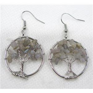 tree of life earring with labradorite bead chip, platinum, approx 30mm dia
