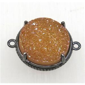 gold champagne druzy agate connector, flat round, black plated, approx 16mm dia