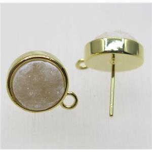 white druzy quartz earring studs, flat round, gold plated, approx 10mm dia