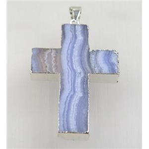 blue lace agate cross pendant, 925 silver plated, approx 25x35mm